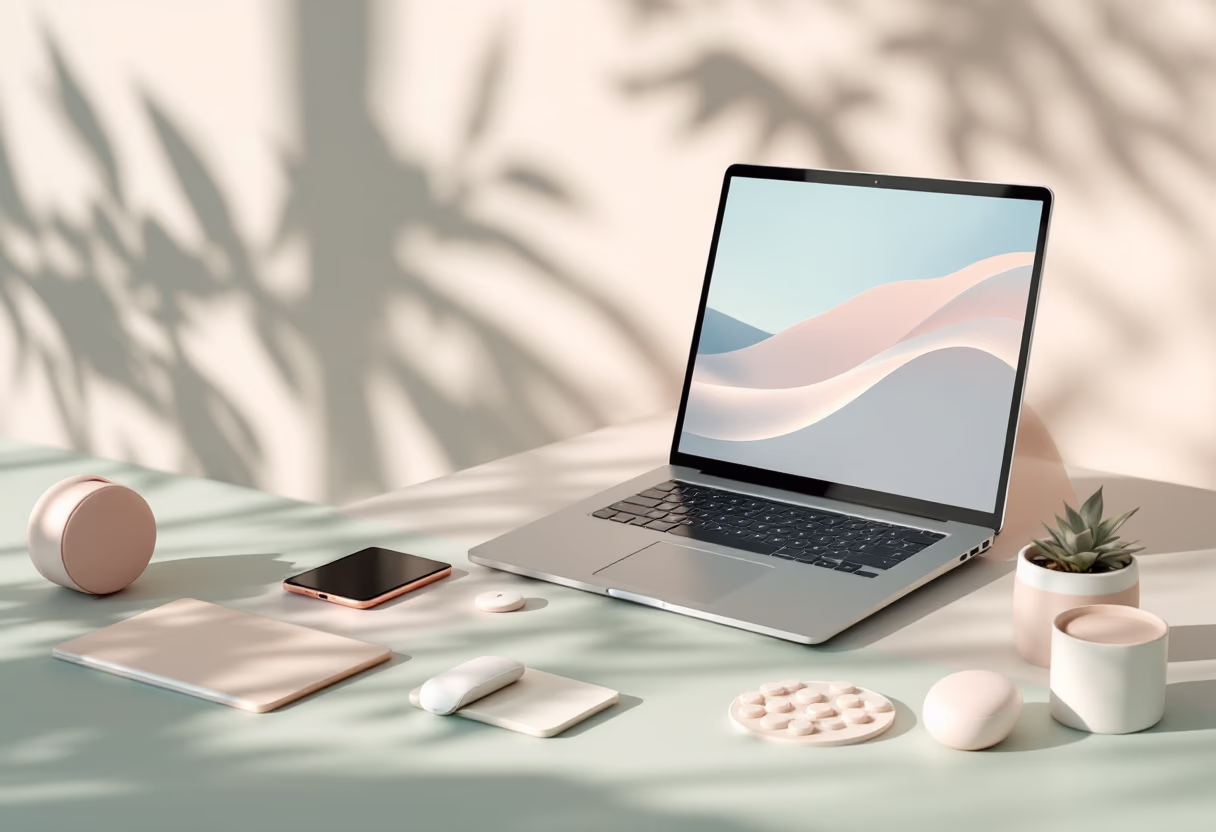 [background image] topdown photo of desk with laptop (for a tech gadgets store)