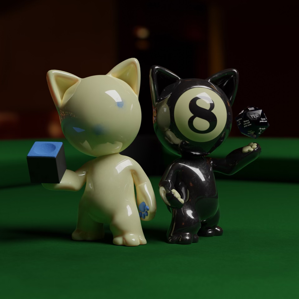 Image of CueBall and 8Ball Pool Ball Cats standing on a pool table. CueBall is holding the billiards blue chalk and 8Ball is holding an isophere.