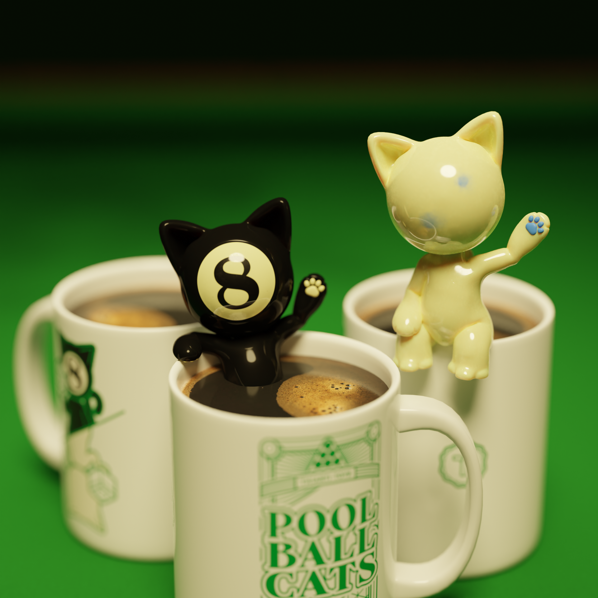 Image of 8Ball and CueBall Pool Ball Cats sitting in coffee mugs as if they are outdoor hot tubs