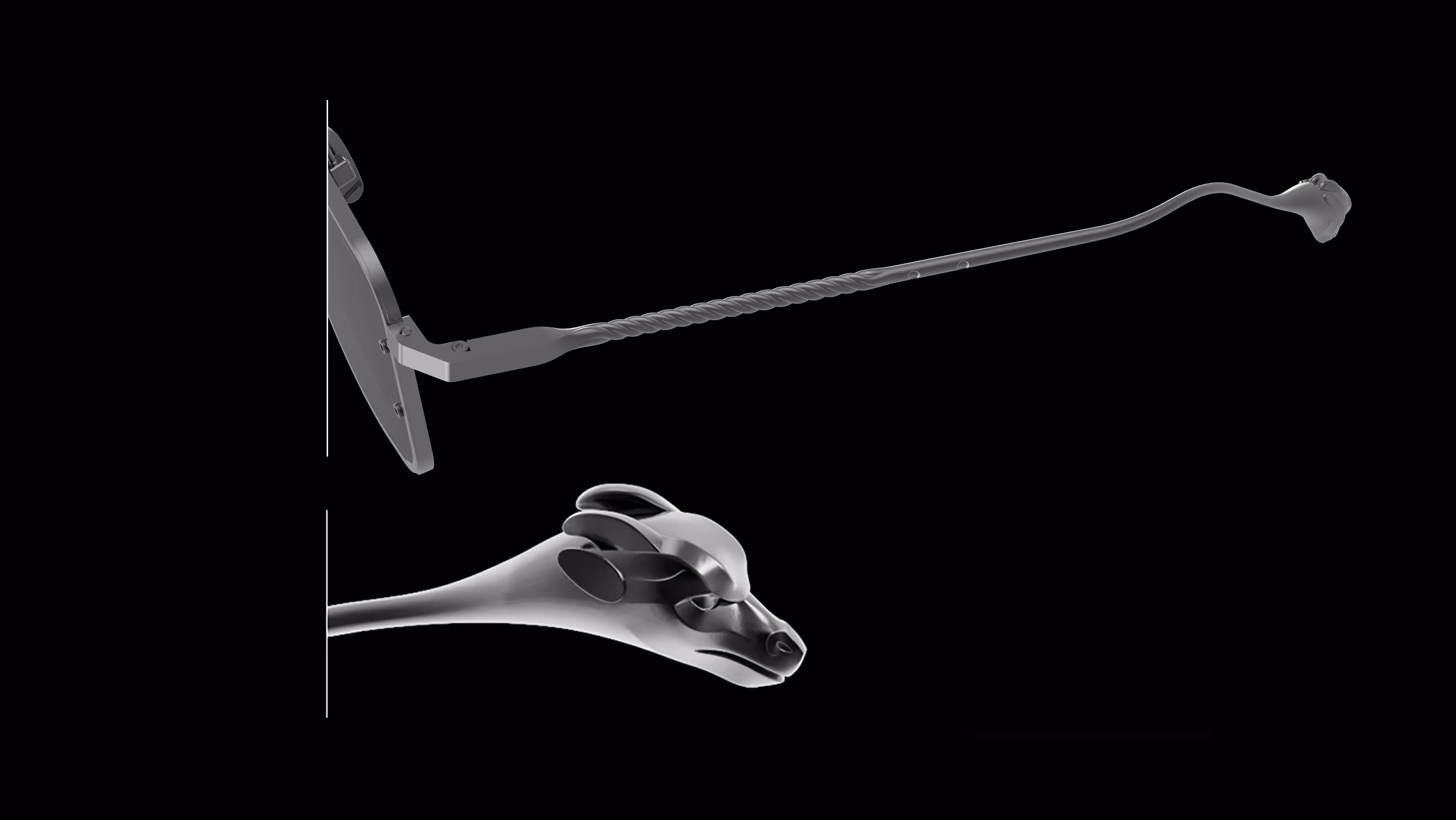 A detailed macro view of the DRK eyewear arm, showing the unique twisted metal design and the signature, sculpted dragon head temple tip.