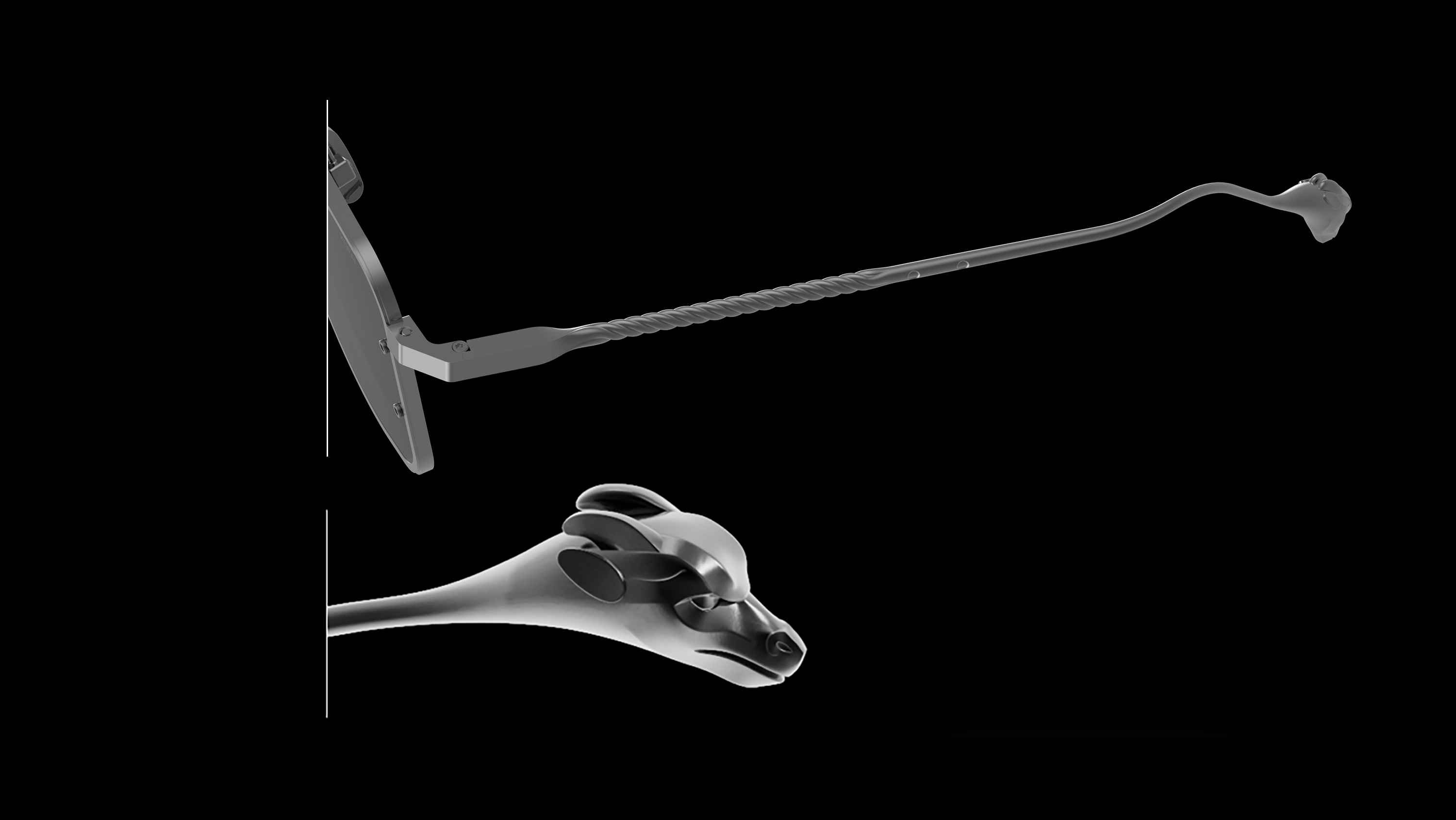 A detailed macro view of the DRK eyewear arm, showing the unique twisted metal design and the signature, sculpted dragon head temple tip.