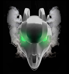 The metallic sculpted dragon head which doubles as a temple tip, shown front-on with glowing green eyes and plumes of smoke rising from its antlers.
