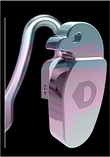 A macro photograph of the intricate, bird-shaped nose pad from the DRK collection, showcasing its sculptural, metallic form and a subtle iridescent finish.