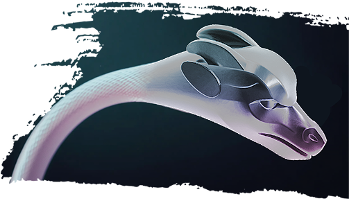 An artistic rendering of the signature DRK dragon head temple tip, its neck elongated and textured like the scales of a serpent.