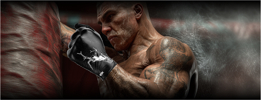 An intense, muscular boxer wearing DRK gloves, embodying the brutal, achievement-driven boxing world that inspired the brand's 'losing is not an option' philosophy.
