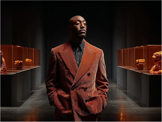 A sharply-dressed man standing confidently in a high-end art gallery, symbolizing the DRK brand's evolution from raw, brutal inspiration to the world of refined, wearable art.