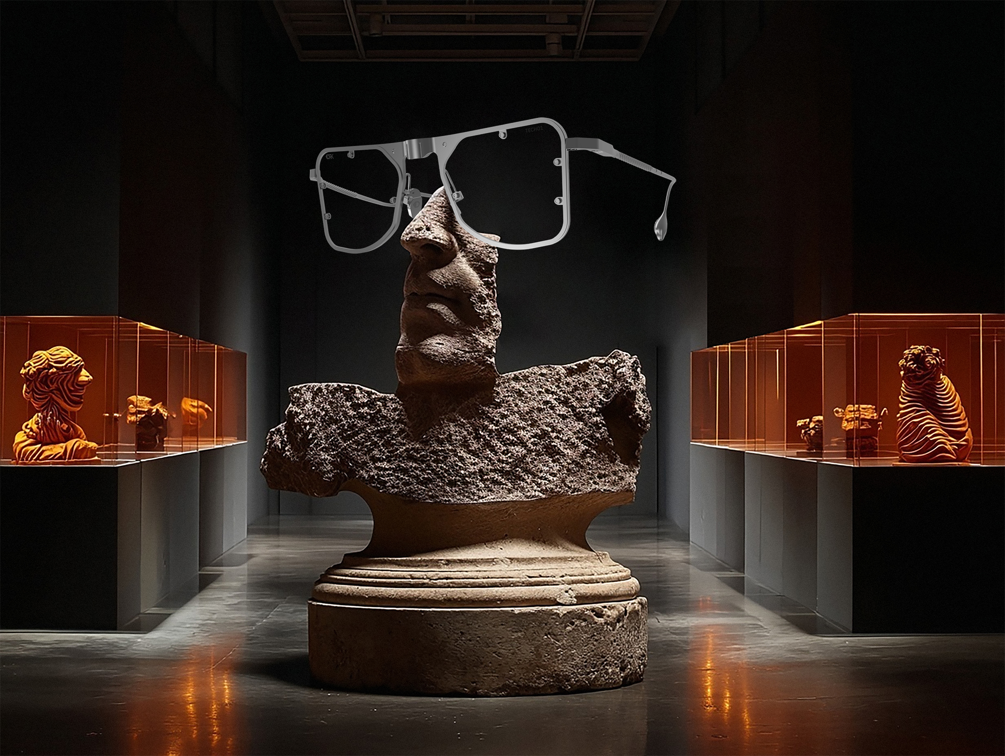 DRK eyewear frames, the final masterpiece, presented above a raw, brutalist sculpture in a gallery, symbolizing the brand's foundation in raw power and its elevation to art.