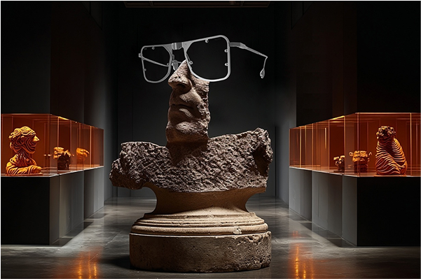 DRK eyewear frames, the final masterpiece, presented above a raw, brutalist sculpture in a gallery, symbolizing the brand's foundation in raw power and its elevation to art.