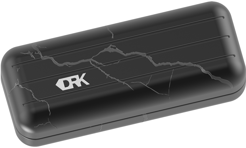 The exterior of the sleek, black DRK eyewear case, featuring a striking grey-veined design, textured grooves, and the DRK logo.