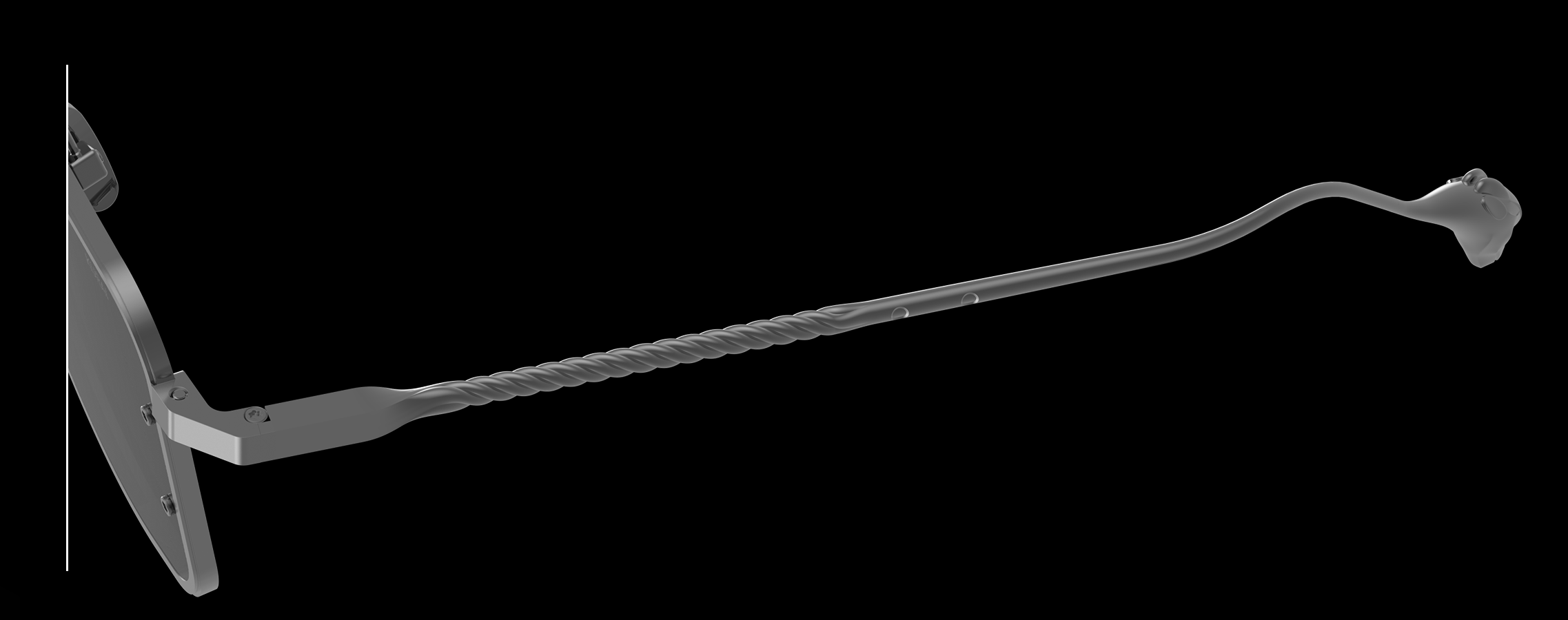 A detailed macro view of the DRK eyewear arm, showing the unique twisted metal design and the signature, sculpted dragon head temple tip.