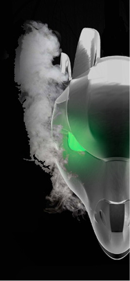 The metallic sculpted dragon head which doubles as a temple tip, shown front-on with glowing green eyes and plumes of smoke rising from its antlers.