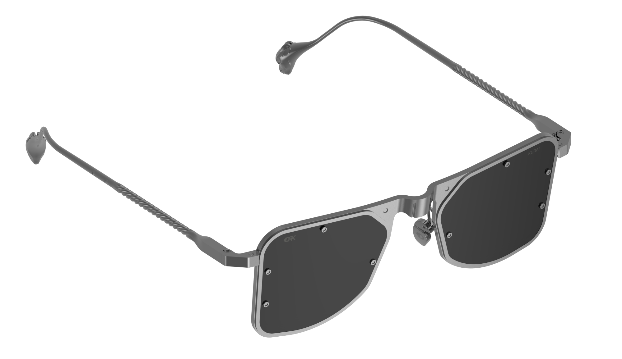 A three-quarter view of the DRK ultra-luxury sunglasses, highlighting the metallic frame, dark lenses, and signature twisted arm design with sculptural temple tips.