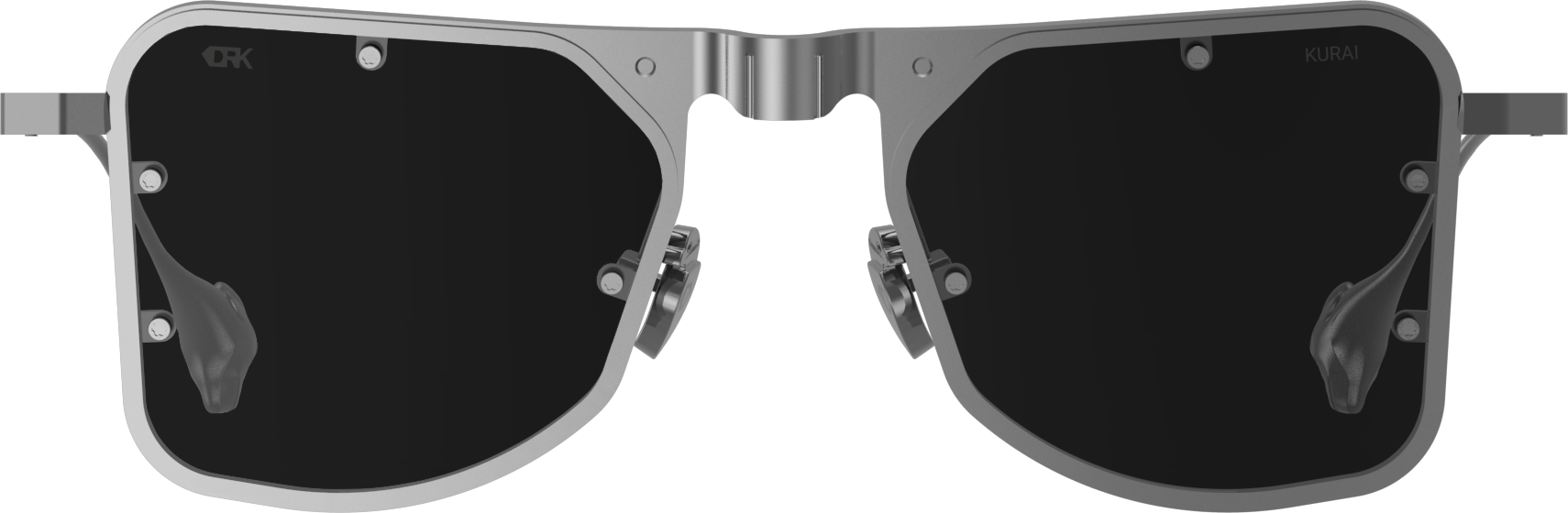 A detailed render of the exclusive KURAI masterpiece, front view, showcasing the 'DRK' and 'KURAI' engravings, screw-fixed lenses, and signature bird-shaped nose pads.