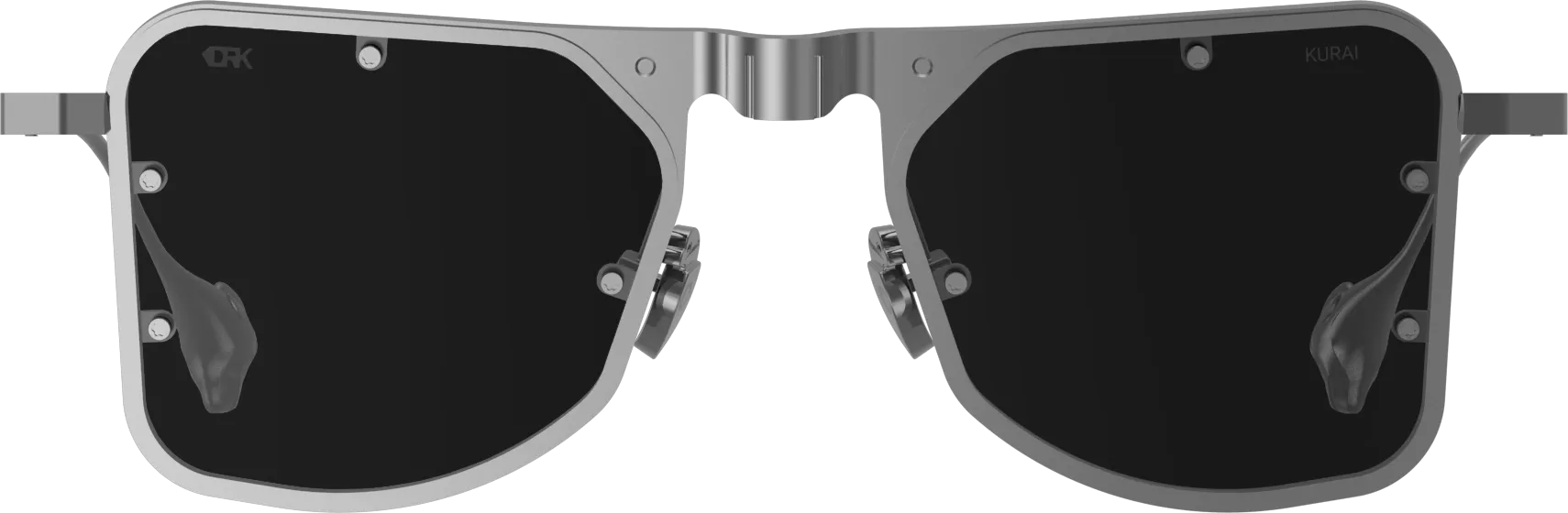 A detailed render of the exclusive KURAI masterpiece, front view, showcasing the 'DRK' and 'KURAI' engravings, screw-fixed lenses, and signature bird-shaped nose pads.