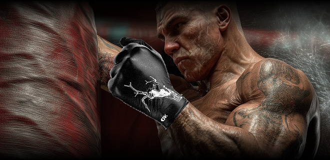 An intense, muscular boxer wearing DRK gloves, embodying the brutal, achievement-driven boxing world that inspired the brand's 'losing is not an option' philosophy.