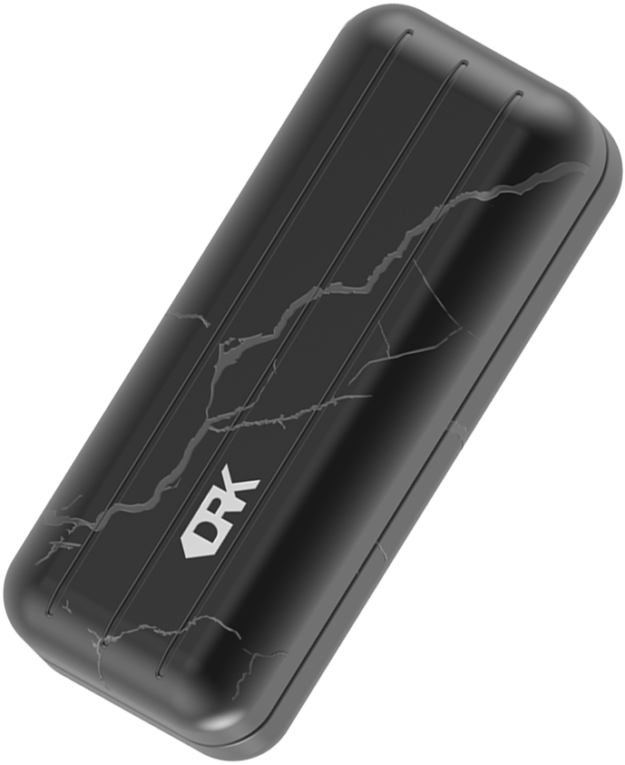 The exterior of the sleek, black DRK eyewear case, featuring a striking grey-veined design, textured grooves, and the DRK logo.