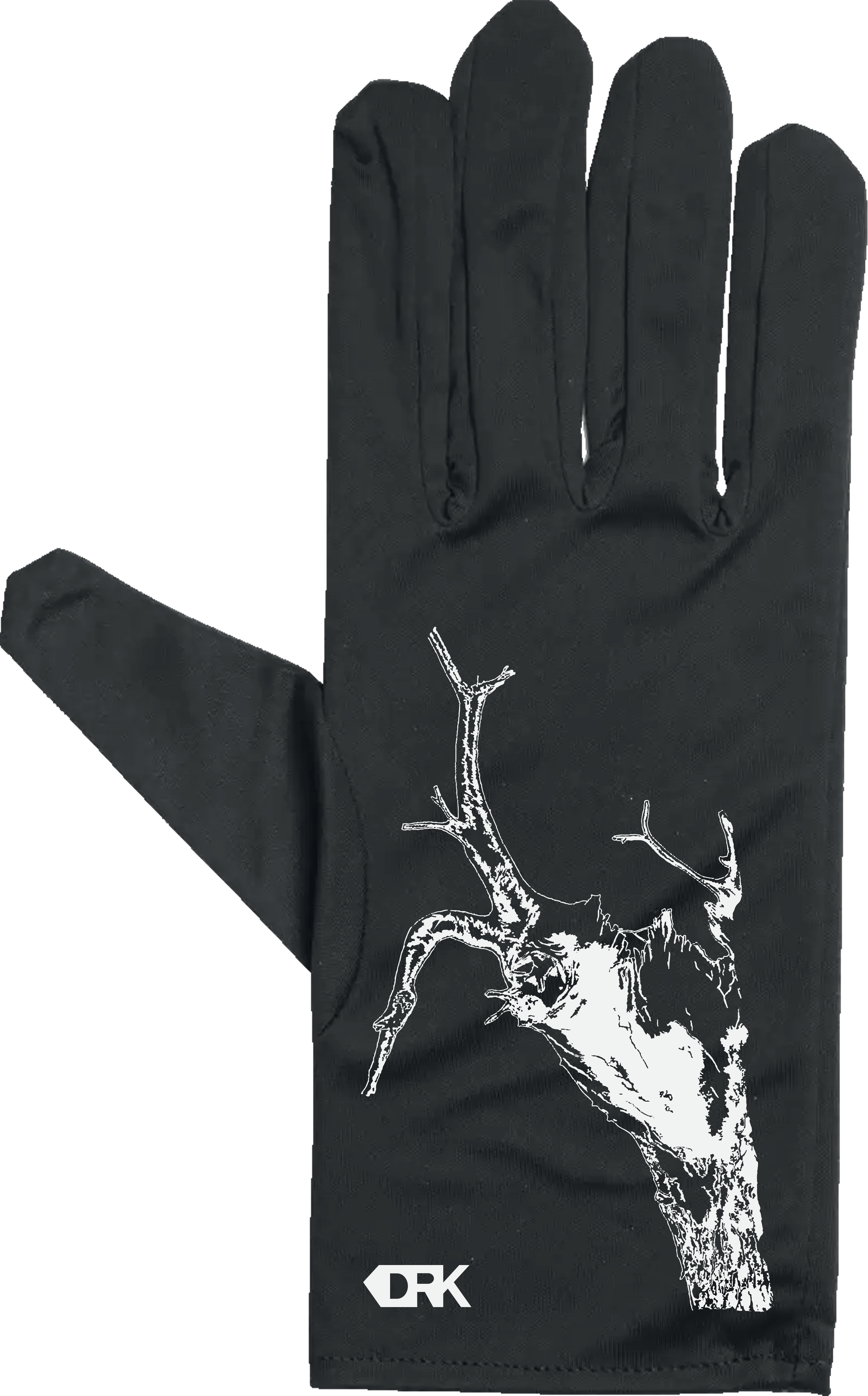A black DRK-branded microfibre cleaning glove, featuring a white graphic of a gnarled tree on the back and the DRK logo at the cuff.