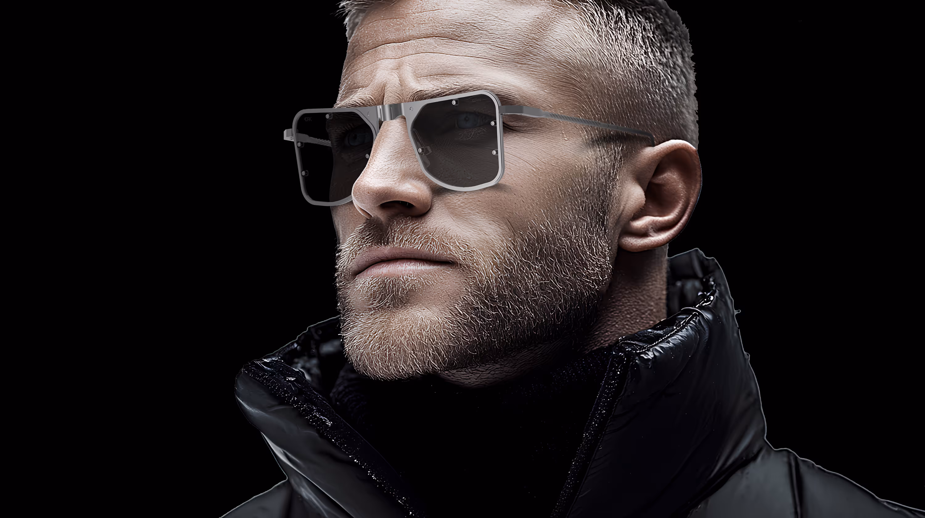A close-up studio portrait of a man wearing DRK's metallic-frame sunglasses, set against a black background with a focused, intense expression.