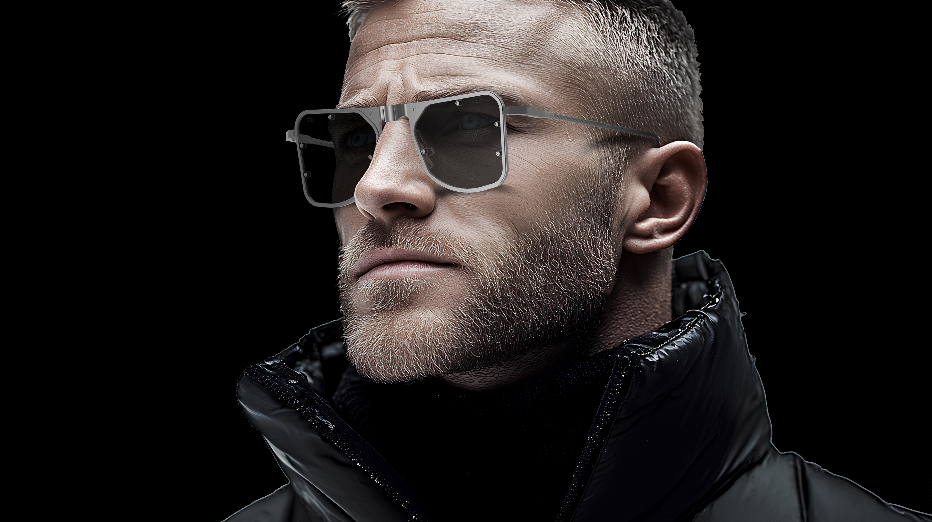 A close-up studio portrait of a man wearing DRK's metallic-frame sunglasses, set against a black background with a focused, intense expression.