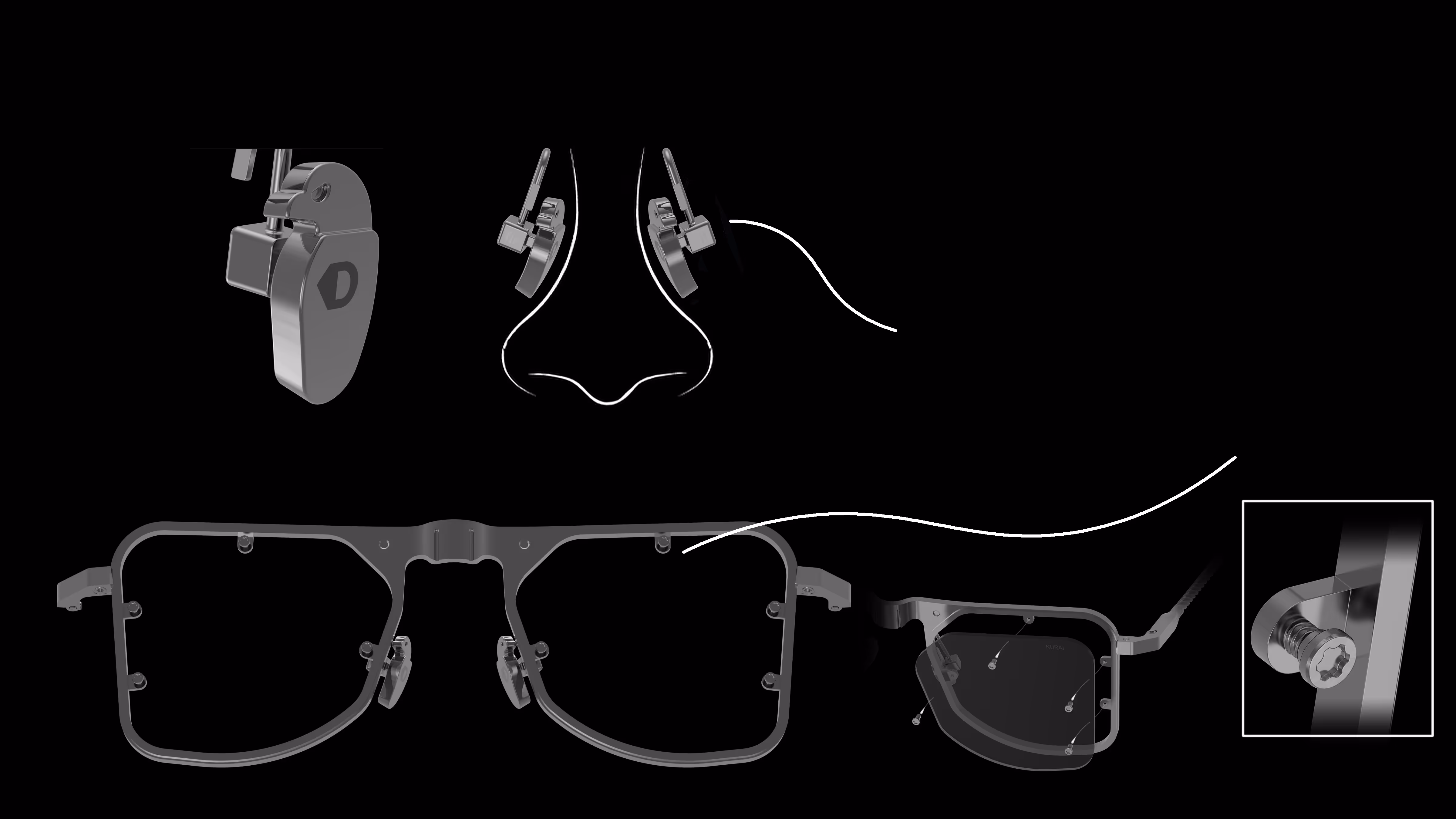 A technical schematic detailing the precision components of DRK eyewear, highlighting the unbelievably detailed bird-shaped nose pads and lenses precisely fixed with miniature screws.