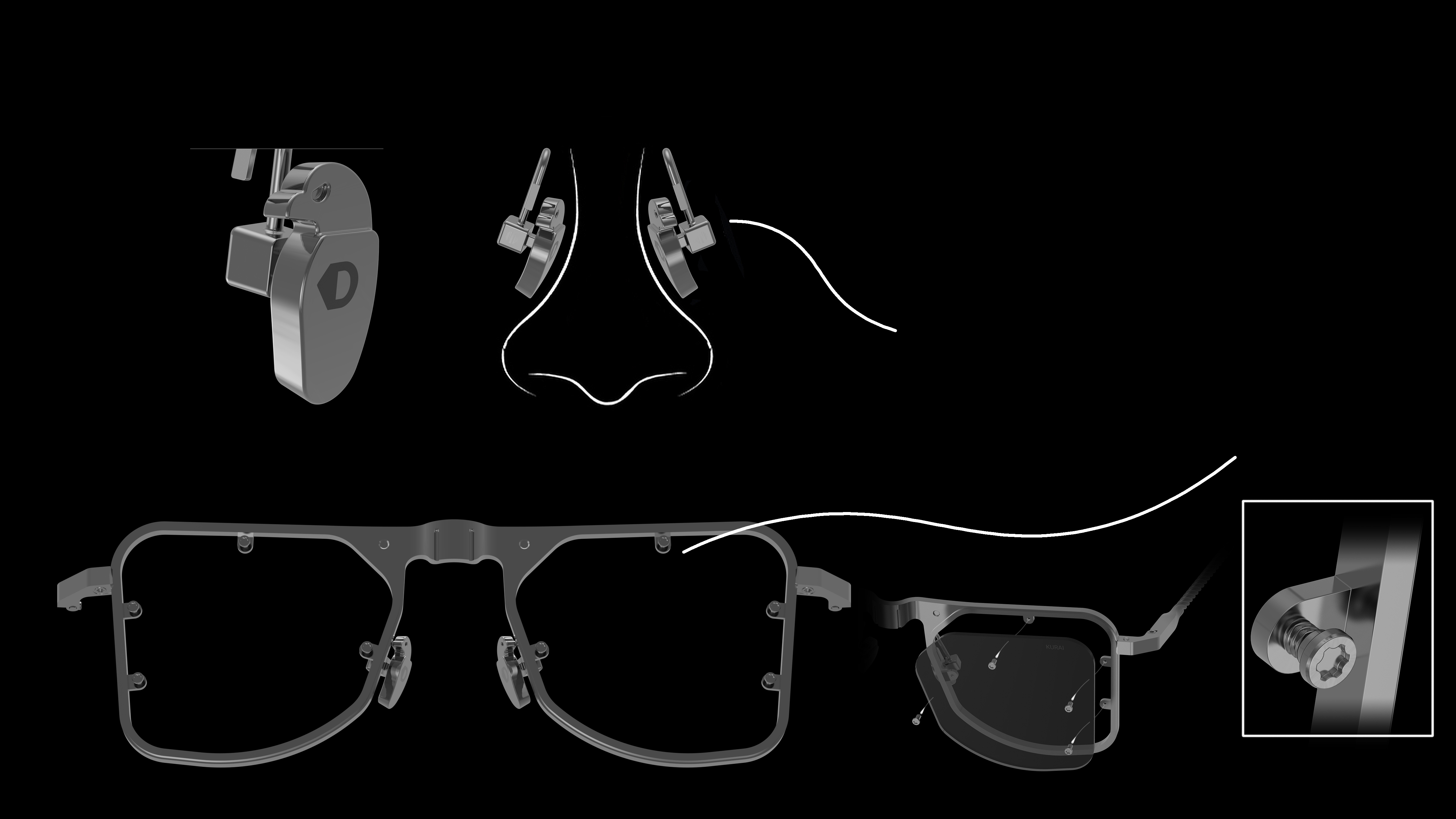 A technical schematic detailing the precision components of DRK eyewear, highlighting the unbelievably detailed bird-shaped nose pads and lenses precisely fixed with miniature screws.
