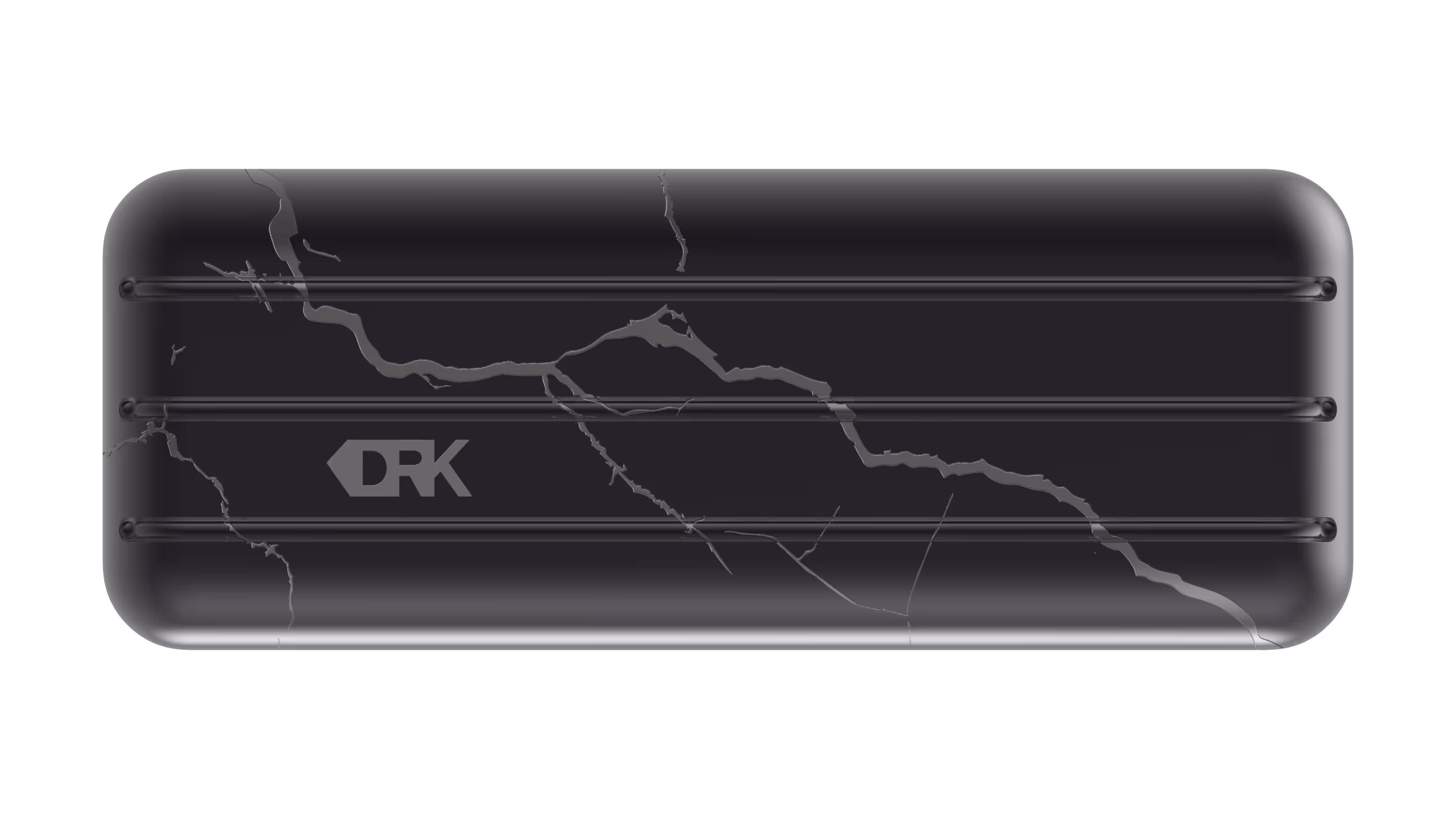 The exterior of the sleek, black DRK eyewear case, featuring a striking grey-veined design, textured grooves, and the DRK logo.