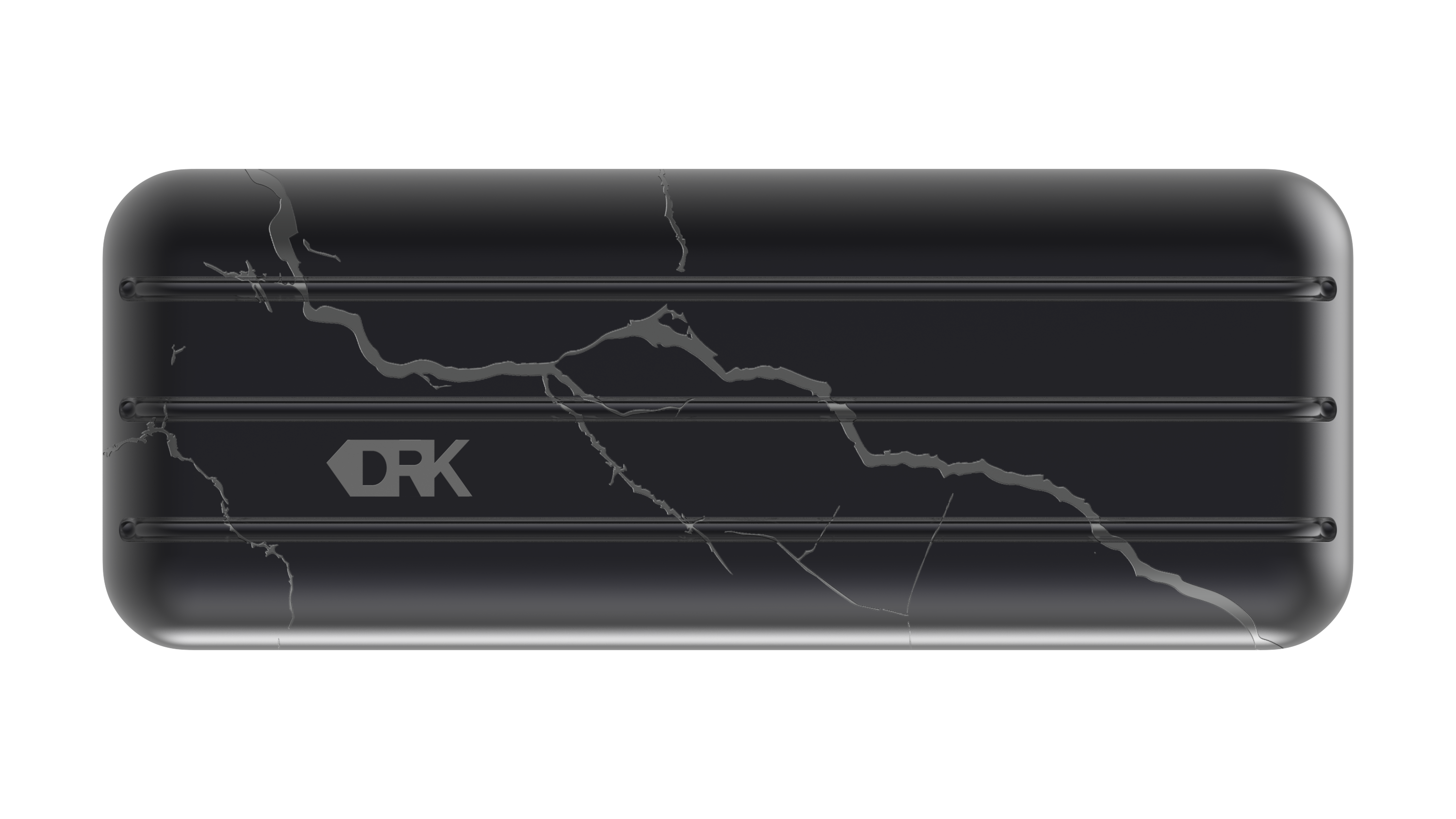 The exterior of the sleek, black DRK eyewear case, featuring a striking grey-veined design, textured grooves, and the DRK logo.