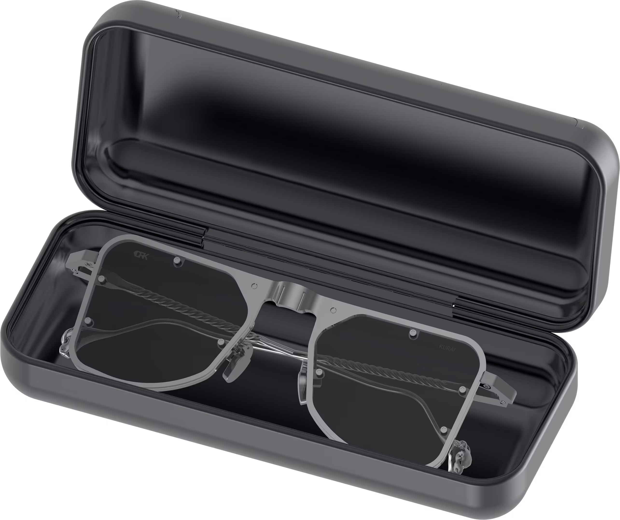 DRK's precision eyewear masterpiece resting inside its open, custom-fit, and protective metallic black case.