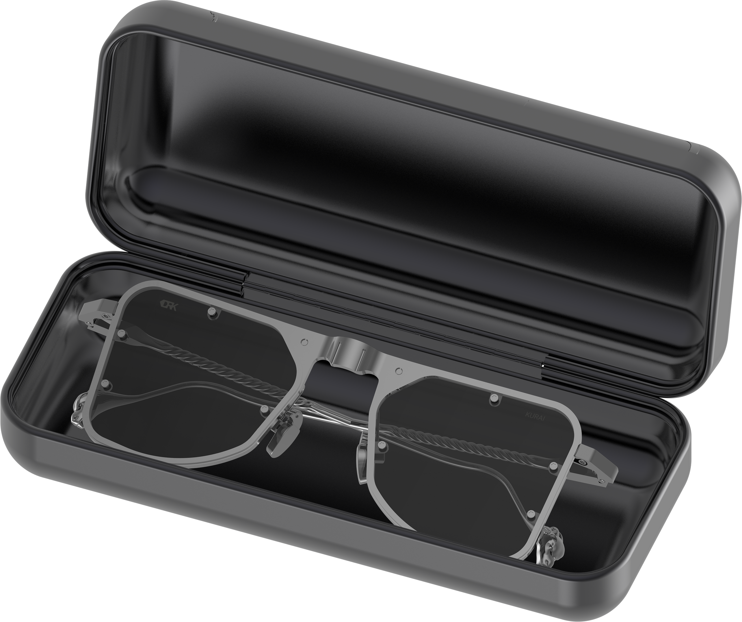 DRK's precision eyewear masterpiece resting inside its open, custom-fit, and protective metallic black case.