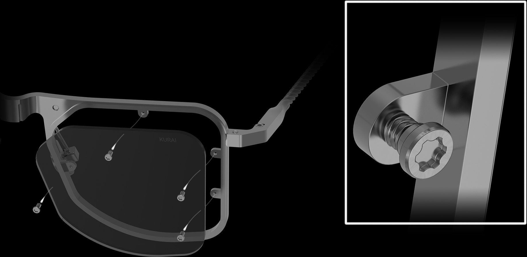 A technical schematic detailing the precision components of DRK eyewear, highlighting the unbelievably detailed bird-shaped nose pads and lenses precisely fixed with miniature screws.