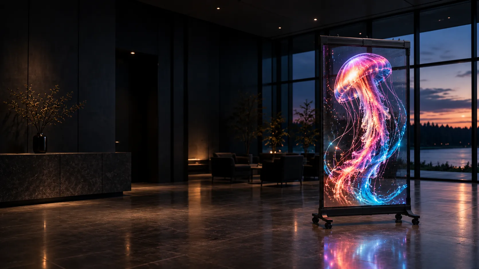 Pantalla holográfica de Pure Visual con una medusa luminosa en un lobby con ventanales hacia un lago al atardecer