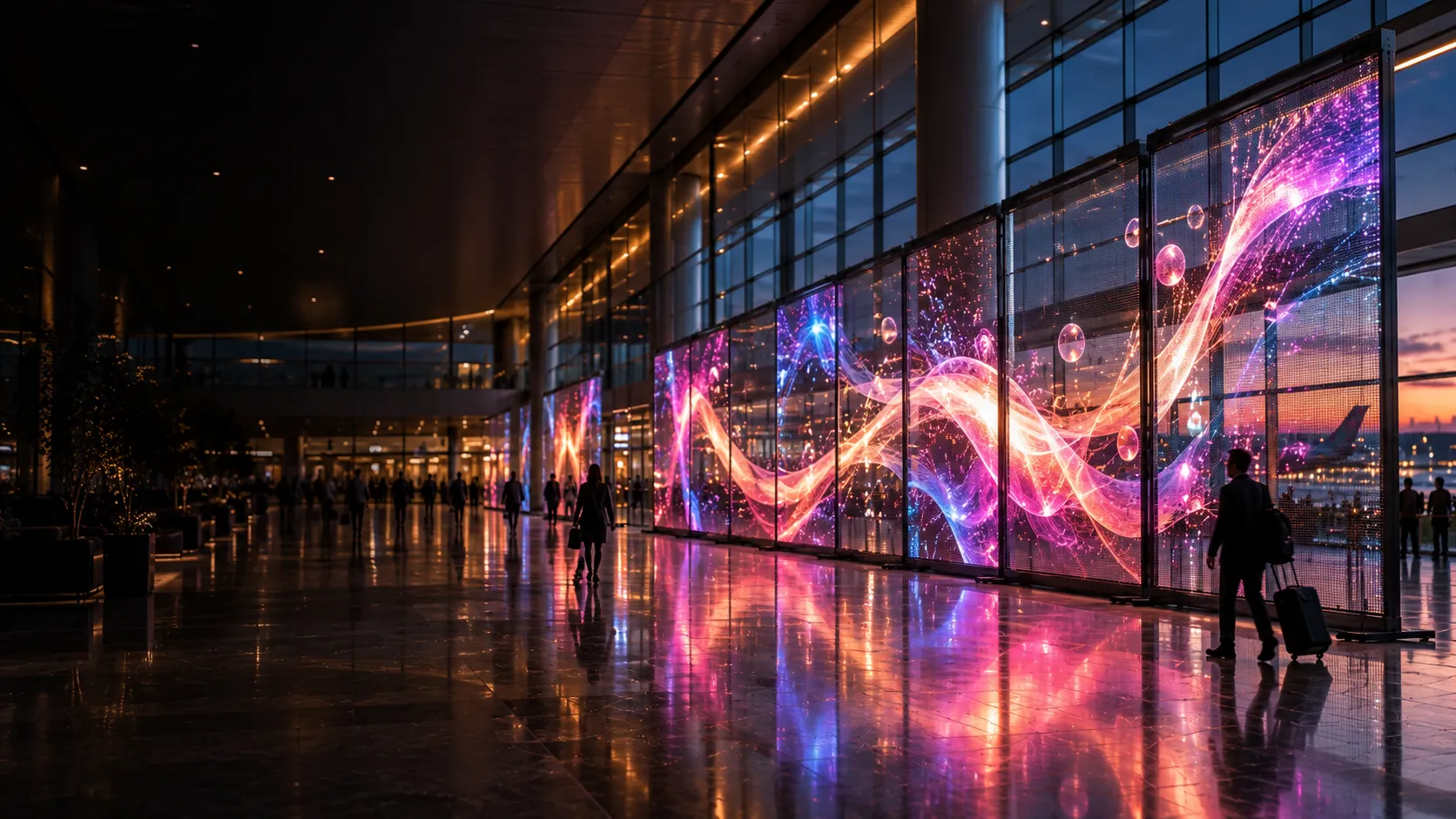 Pantallas holográficas transparentes instaladas en terminal de aeropuerto al atardecer