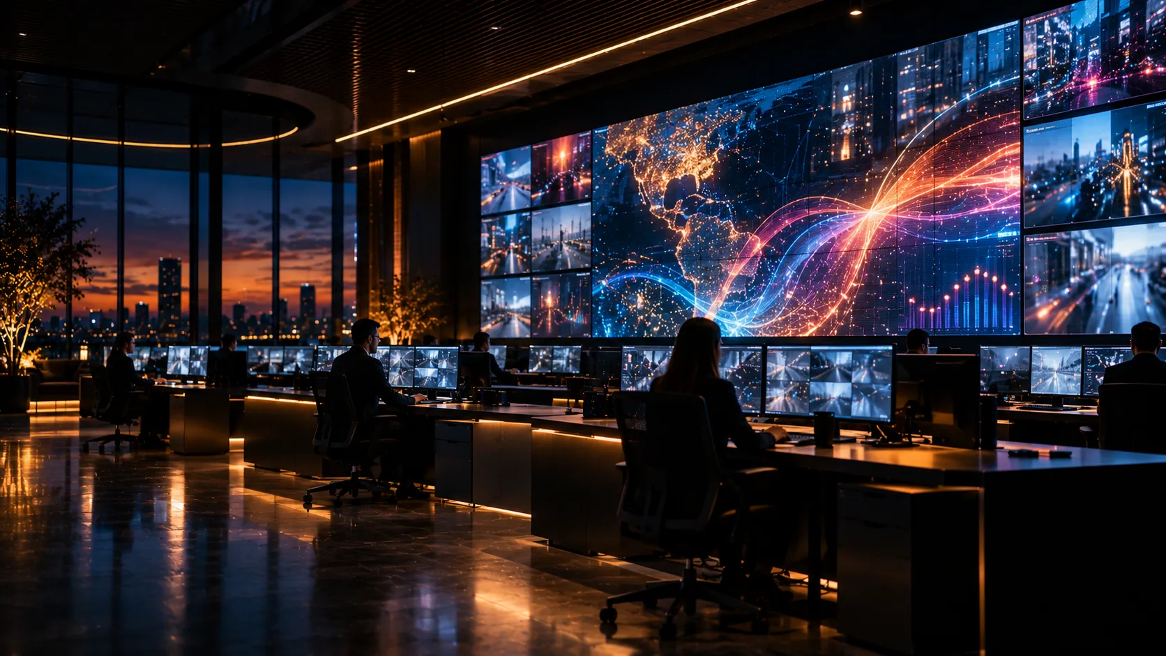 Videowall en sala de control con operadores