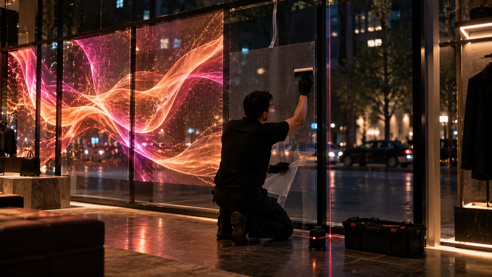 Técnico de Pure Visual instalando una pantalla holográfica Series M sobre el cristal de un escaparate