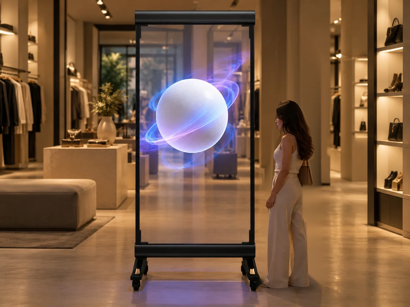 Pantalla holográfica Series A A3-2 de Pure Visual en prueba piloto dentro de una boutique