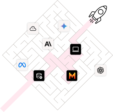 A labyrinth of AI models and agents with a rocket finding its path through it