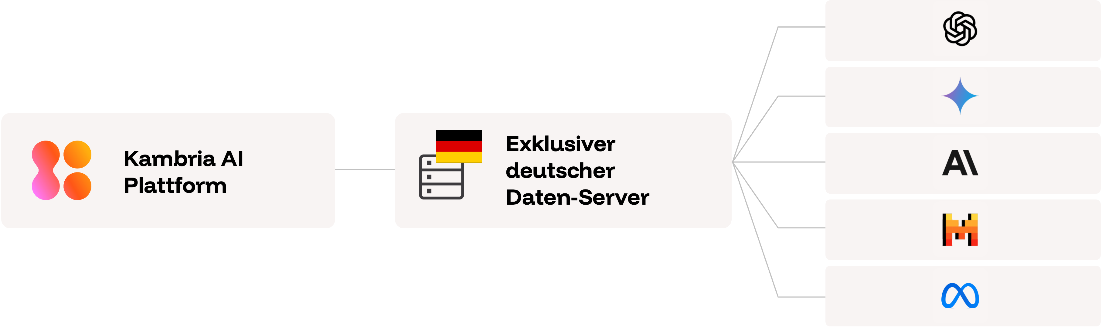 Platform infrastructure overview, from left to right: Kambria AI platform connected to exclusive German server connected to various AI models