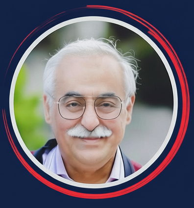 Smiling elderly man with white hair, mustache, and glasses framed by a circular red and white border.