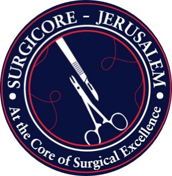 White scalpel and scissors crossed inside a navy blue circle with red thread details