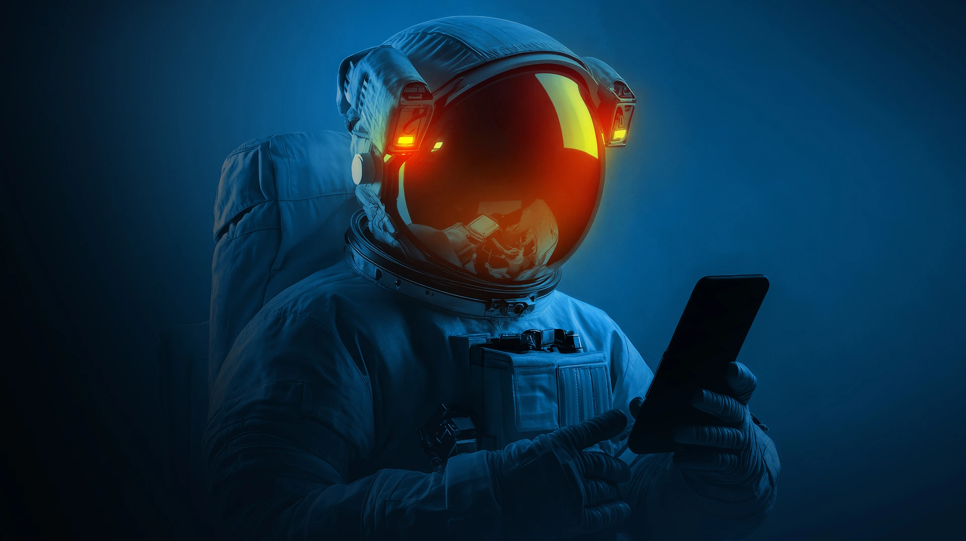 Astronaut wearing a space suit with an illuminated helmet visor, interacting with a smartphone against a dark blue background.
