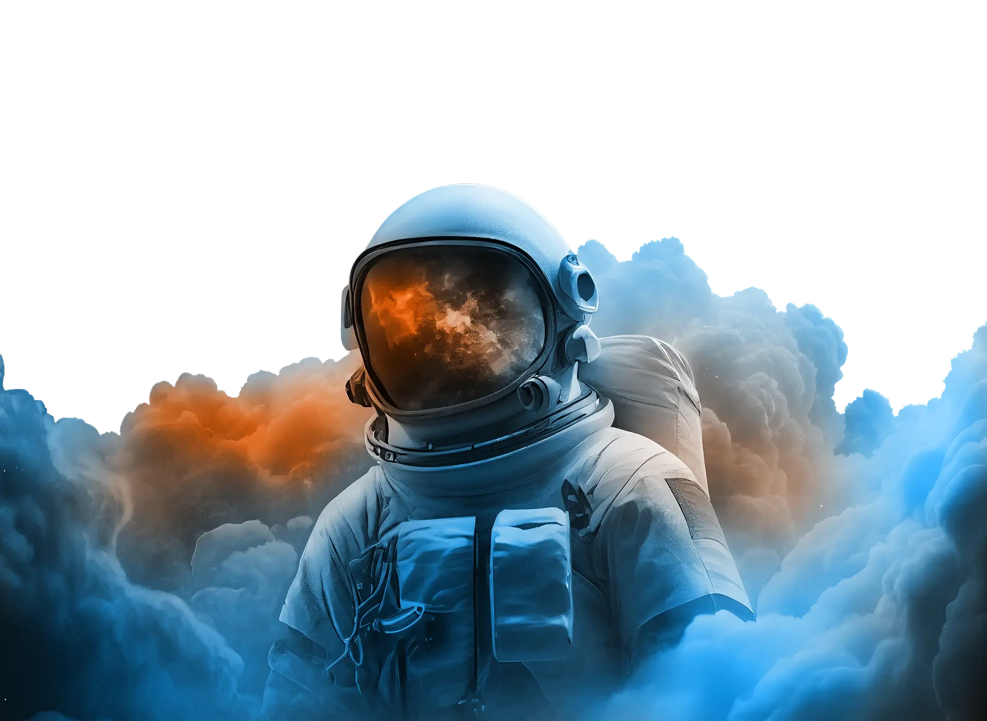 Astronaut in a space suit surrounded by blue and orange clouds with a reflection of a nebula in the helmet visor.