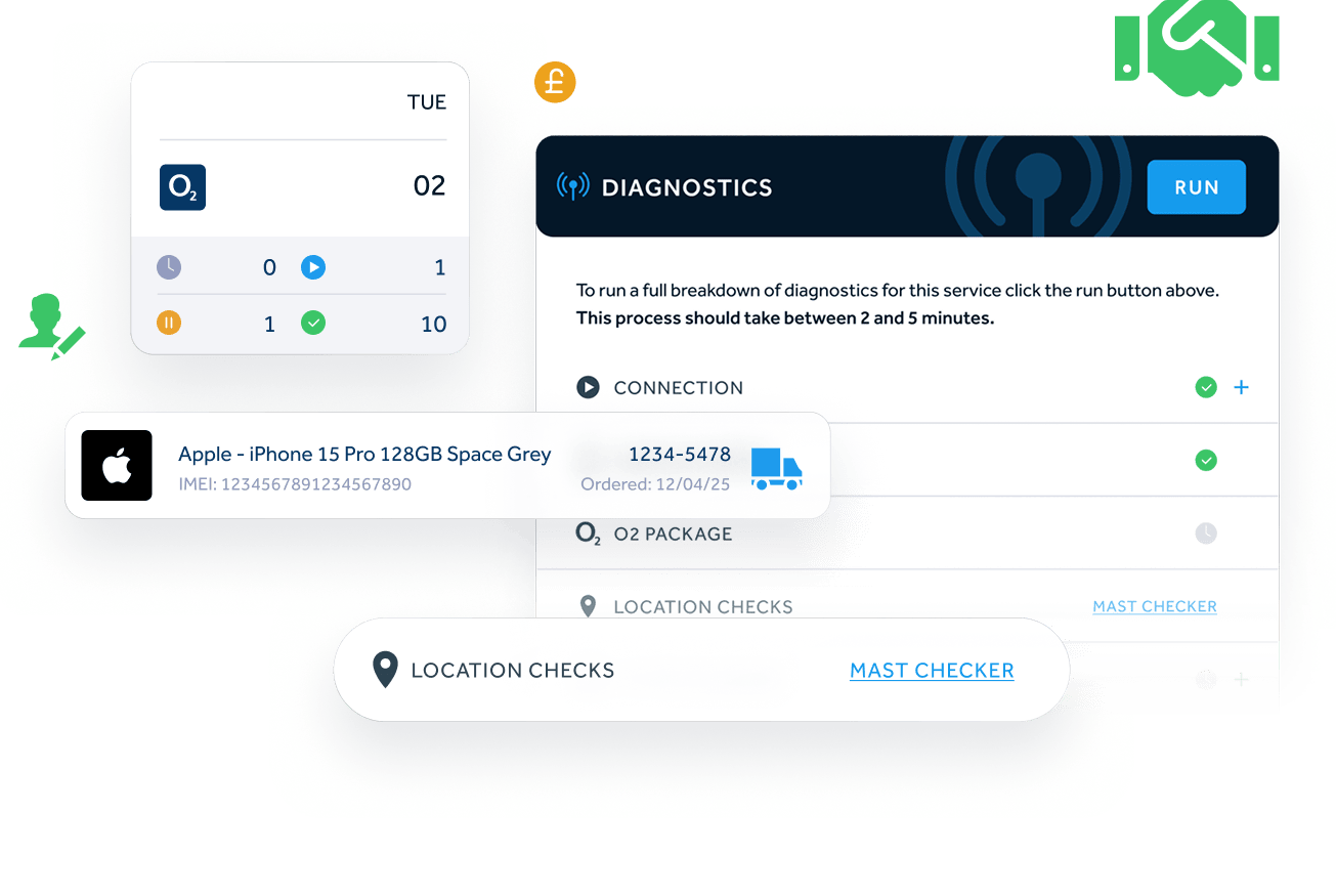 User interface showing O2 package diagnostics and connection status with a delivery tracking for an Apple iPhone 15 Pro 128GB in Space Grey.