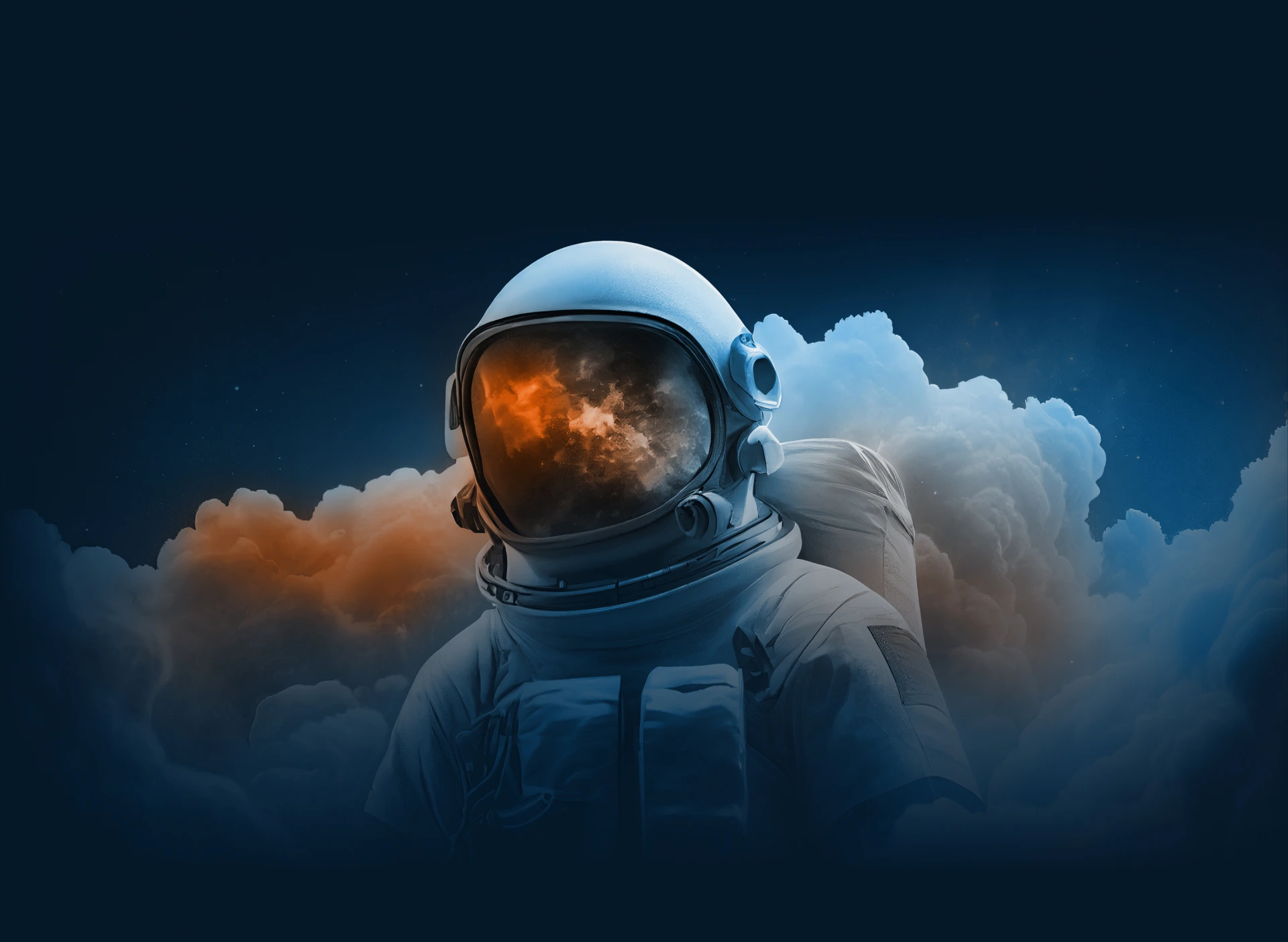 Astronaut in a space suit with a reflective helmet visor showing an orange and cloudy sky, surrounded by dark and light clouds against a starry background.