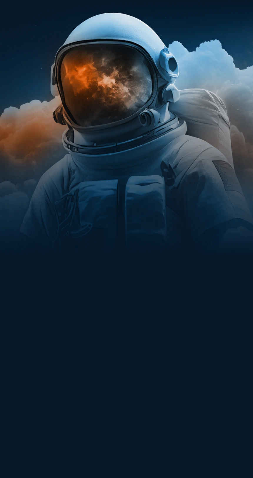 Astronaut in a space suit with a reflective helmet visor showing a fiery orange and smoky pattern against a dark cloudy background.