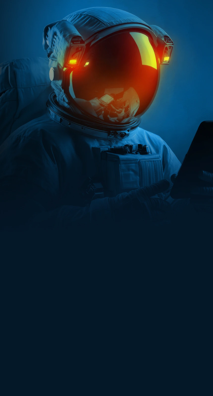 Astronaut in a spacesuit with illuminated helmet visor holding a tablet against a dark blue background.