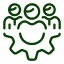 Green icon depicting three people above a gear symbol representing team building or collaboration.