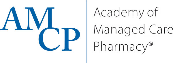 AMCP Academy of Managed Care Pharmacy logo with blue initials and black text separated by a vertical line.