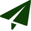 Dark green paper airplane icon pointing to the upper right.