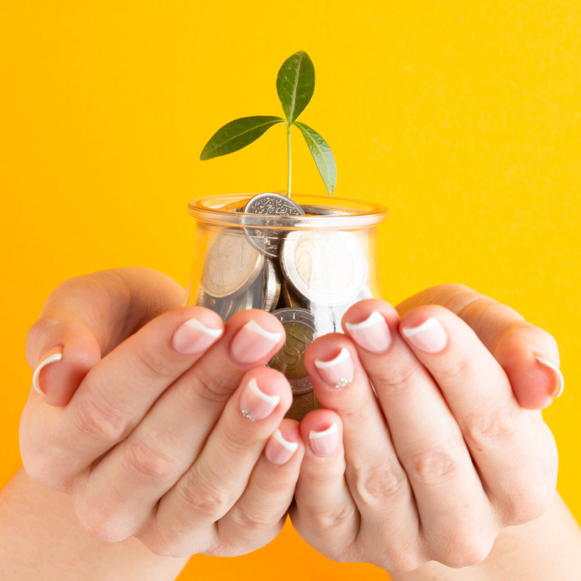 Hands holding a jar of coins with a growing sprout coming out of it