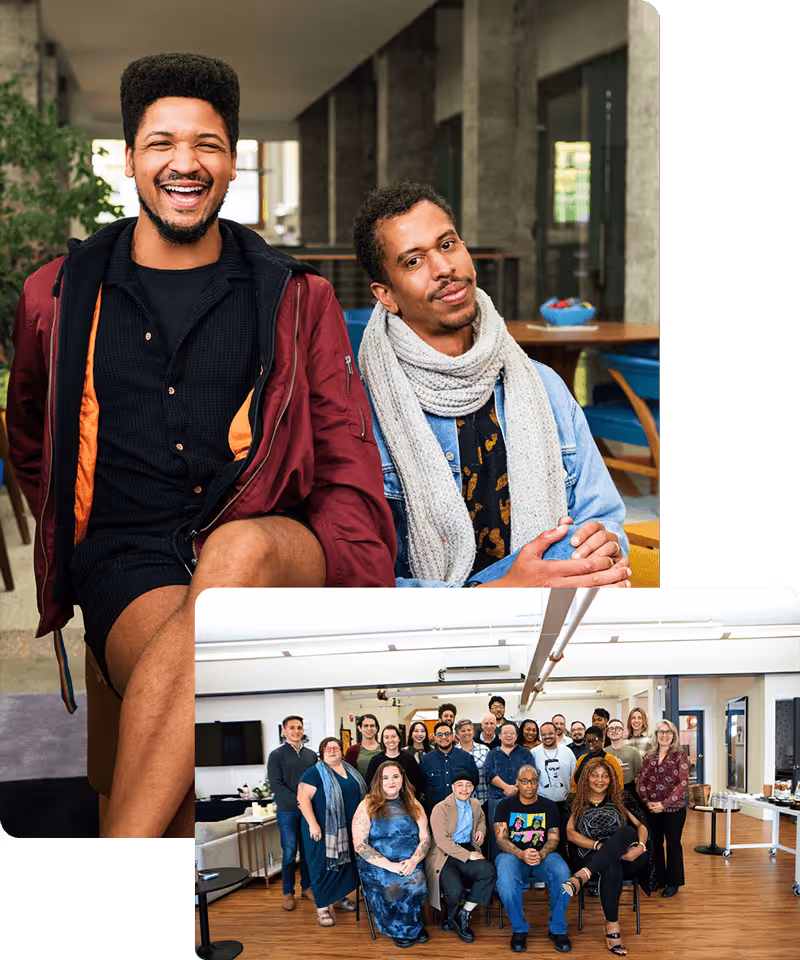 Two pictures featuring people sitting side by side, both smiling happily, reflecting a moment of connection and camaraderie.
